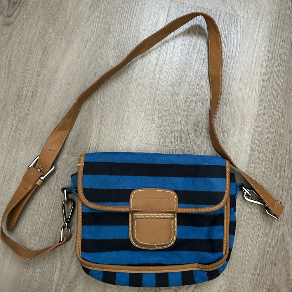 Chico’s Blue and Black Striped Crossbody Bag with Tan Trim